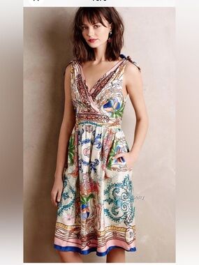 Anthropologie X Collette Dinnigan Tied Acionna Silk Dress Size 4 Whimsy Artsy